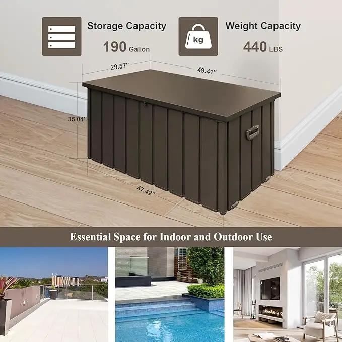 Domi Deck Box 190 Gallon, Waterproof Lockable Steel Outdoor Storage Container for Outside Cushions, Garden Tools and Pools Equipment, Brown by GreenHaven Gardens