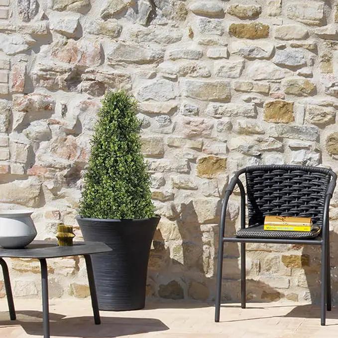 3ft Artificial Boxwood Topiary Trees (Set of 2) - UV Resistant Faux Plants Outdoor, Realistic 36" Fake Cone Bushes and Shrubs for Front Porch, Planter, Patio - Low Maintenance & Evergreen