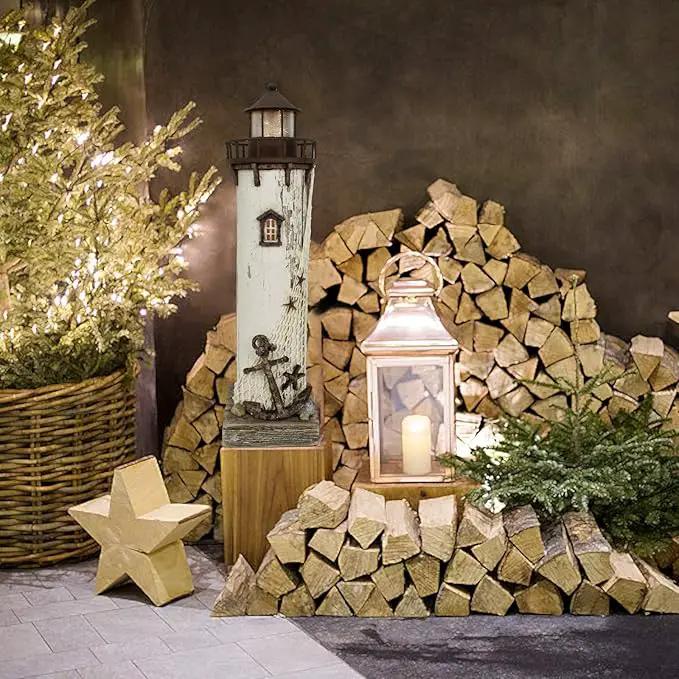 Wooden Lighthouse Decor with Light, Decorative Nautical Lighthouse Nightlight Rustic Ocean Sea Beach Themed Lighthouse Decoration by GreenHaven Gardens