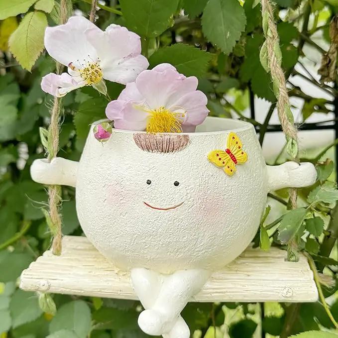 SUQ I OME Hanging Baby face Planter Pot with Butterfly Decorations,Indoor and Outdoor Resin Hanging Pot Decor by GreenHaven Gardens