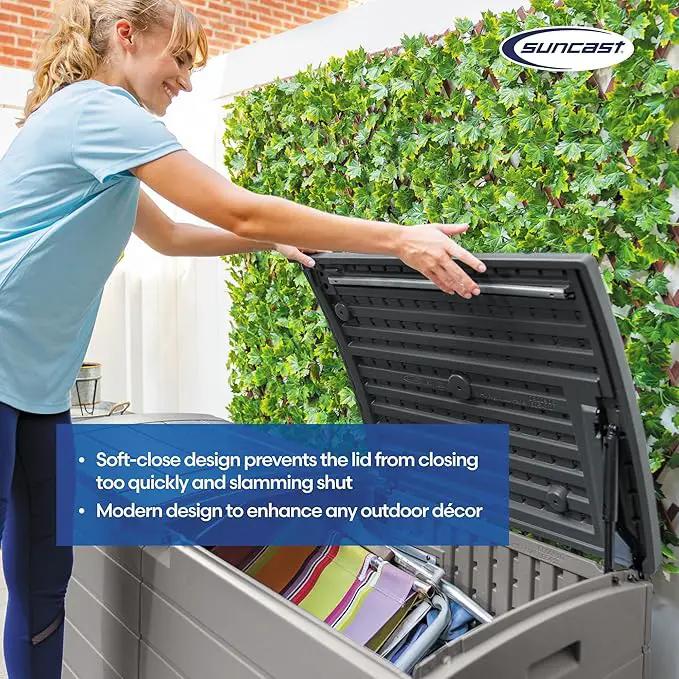 Suncast 120-Gal. All-Weather Patio Deck Box with Pad-Lockable Split Top Lid, Extra-Large Outdoor Storage Unit for Patio Furniture and Grill Tools, Made in the USA by GreenHaven Gardens