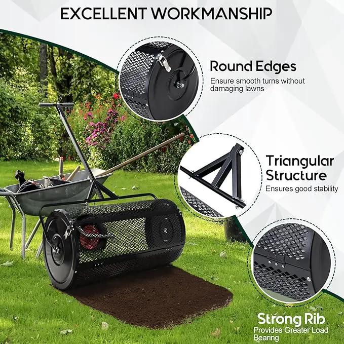 Compost and Peat Moss Spreader with Updated 2 in 1 ATV & T Shaped Handle, 16”WX48”L, Lawn and Garden Peat Moss Roller w/Laser Cutting Wire Mesh Baskets for Spreading Manure, Topsoil by GreenHaven Gardens