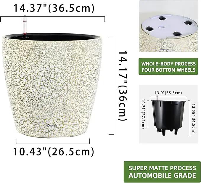 Dexceder 15x14 Self Watering Planter with Wheels Indoor Outdoor, Inner Pot Design, Thickened Large Floor Standing Flower Plant Pot with Water Level Indicator (White Gold Crackle) by GreenHaven Gardens