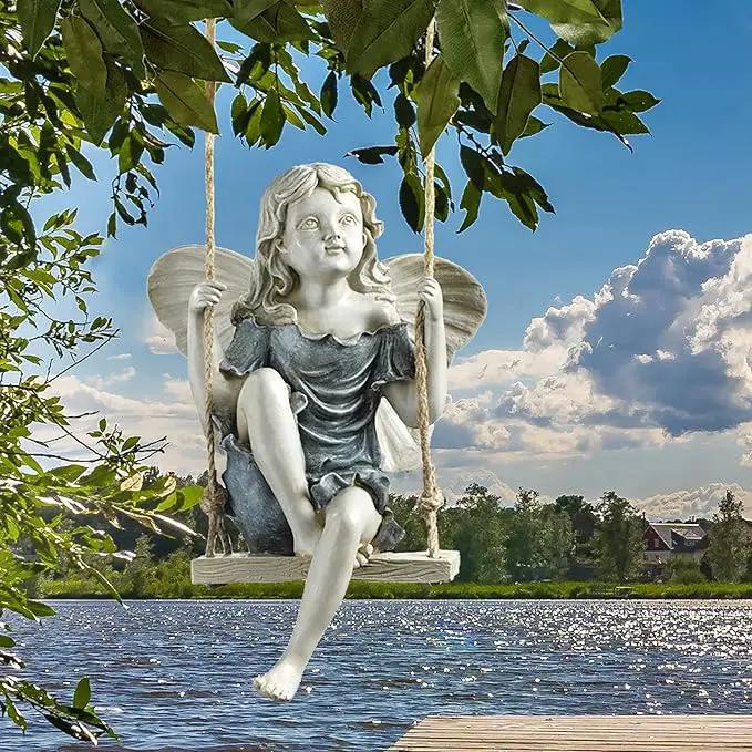 Design Toscano EU42046 Summertime Fairy on a Swing Hanging Statue, 11 Inch, Polyresin, Two Tone Stone by GreenHaven Gardens