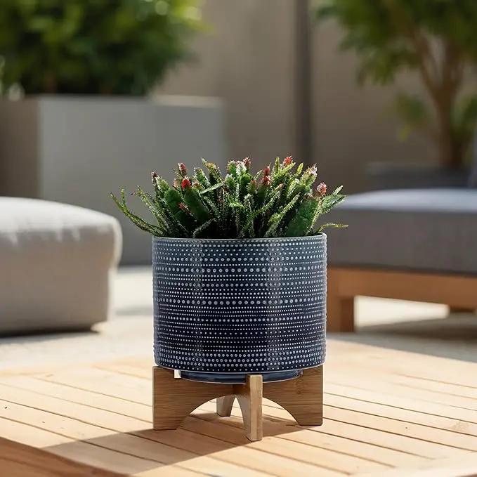 Sagebrook Home Textured Ceramic Planter with Wood Stand, Elevated Indoor/Outdoor Planter, Blue with Gray Dots, 8 L x 8 W x 10 H by GreenHaven Gardens