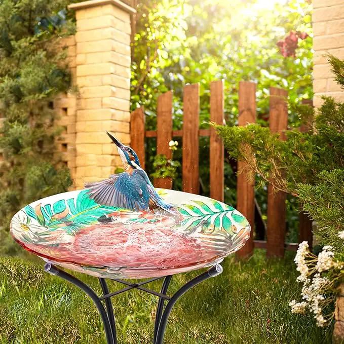 VCUTEKA 18" Outdoor Glass Birdbath with Sturdy Metal Stand for Lawn, Yard, or Garden Decor Bird Lovers Gift, Flamingo Bird Bath Detachable, 22" Height by GreenHaven Gardens