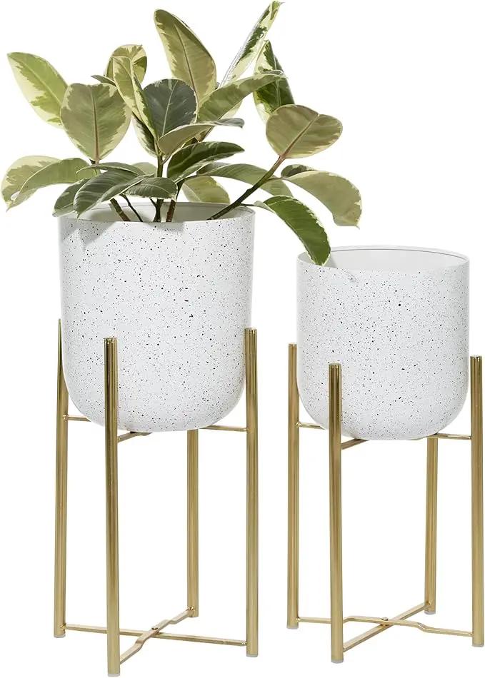 Deco 79 Metal Indoor Outdoor Planter Deep Dome Speckled Large Planter Pot with Gold Stands, Set of 2 Planters 22", 19"H, White by GreenHaven Gardens