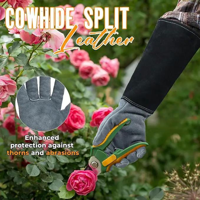 HANDLANDY Long Gardening Gloves for Men & Women, Cowhide Leather Rose Pruning Gloves, Breathable Thorn Proof Gauntlet Glove (Dark Grey-Black, L) by GreenHaven Gardens