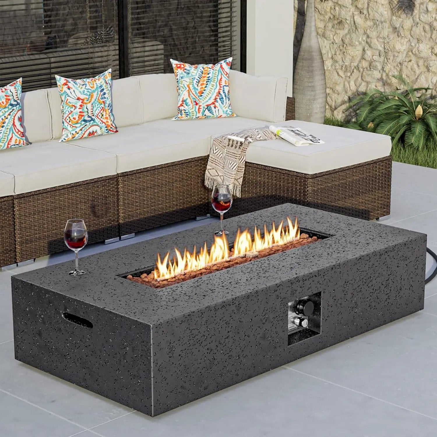 COSIEST 56-inch x 28-inch Outdoor Propane Fire Pit Coffee Table w Concrete Rectangle Base, 50,000 BTU, Free Lava Rocks and RainCover, Fits 20lb Tank Outside, Gray by GreenHaven Gardens