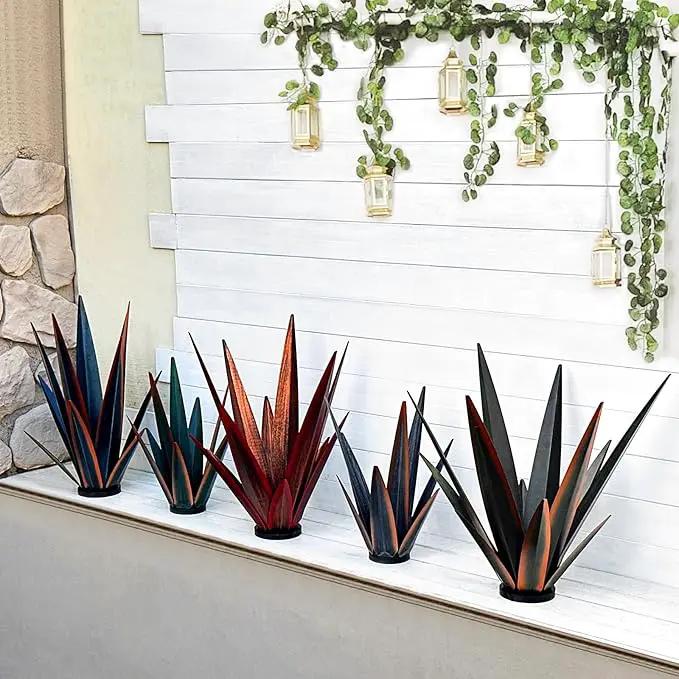 Large Tequila Rustic Sculpture, Rustic Metal Agave Plants for Outdoor Patio Yard, Home Decor Hand Painted Metal Agave Garden Yard Statue, Outdoor Lawn Ornaments (Blue - L (W/Solar Light)) by GreenHaven Gardens