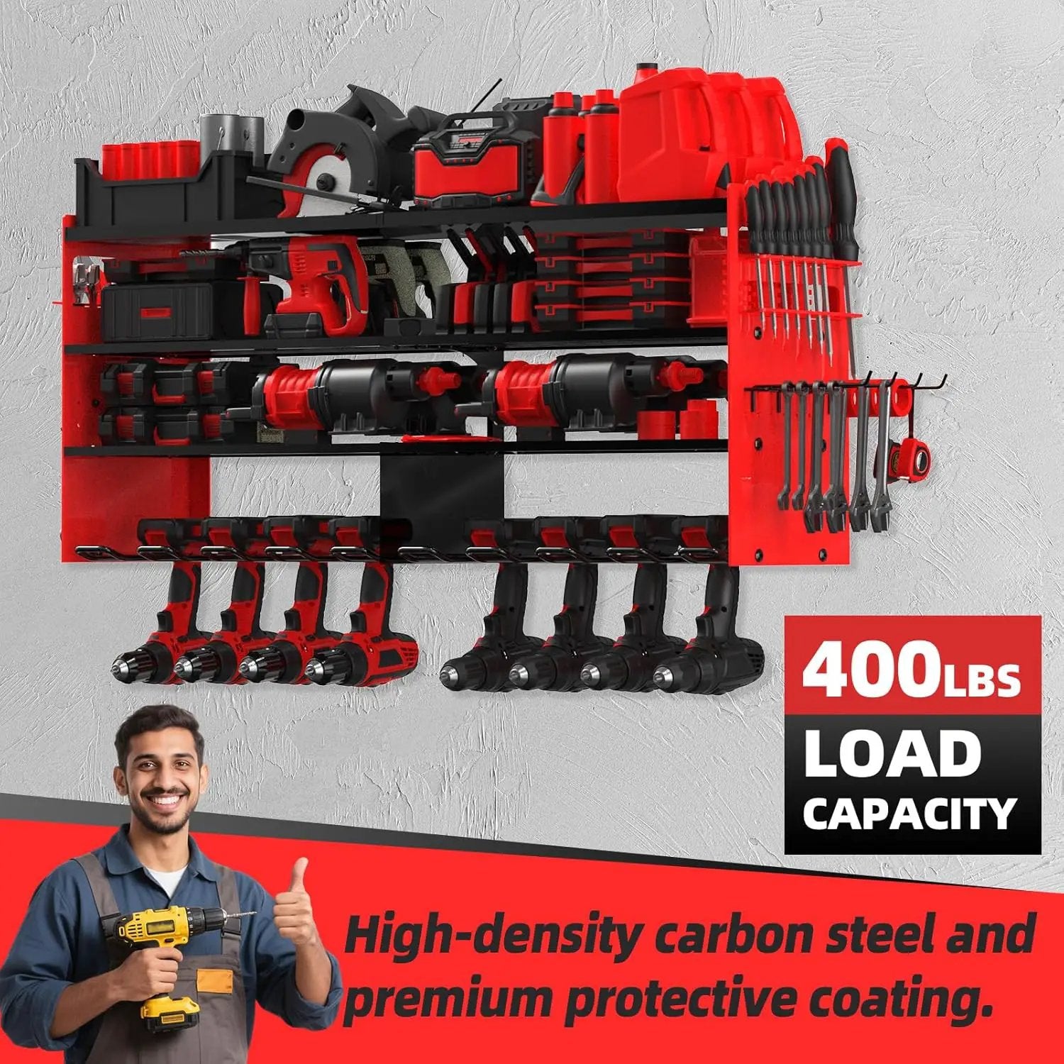Power Tool Organizer Wall Mount with 8-Drill Holders-400Lbs Load Heavy Duty Metal 4-Layers Garage Storage & Organization Battery Tools Rack with Side Panels Utility Racks Workshop Gifts for Men by GreenHaven Gardens