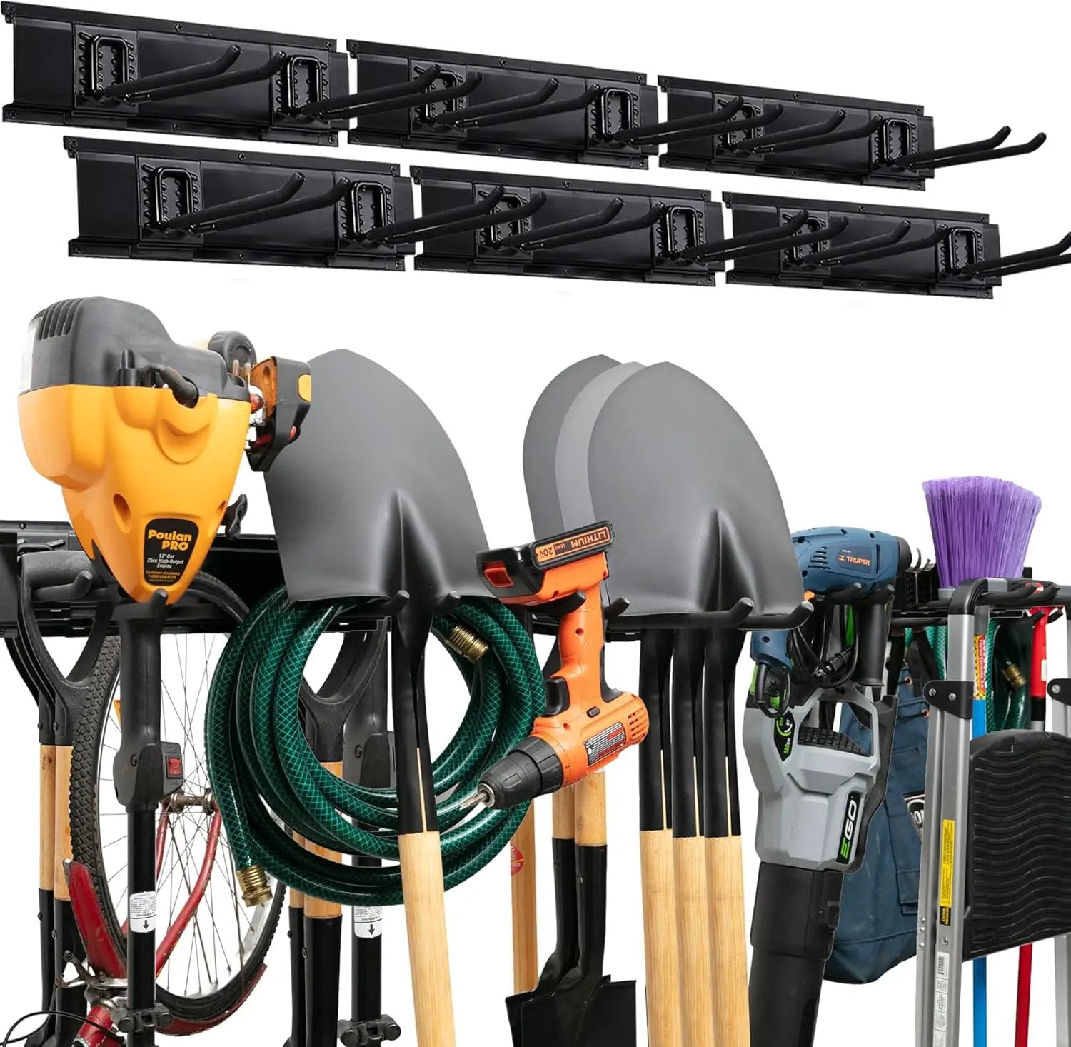 Garage Tool Organizer Wall Mount - 96 inches - Sturdy Storage Rack with Adjustable Hooks, Anti-Rust - Easy Installation, 600lbs Capacity - Garden Tool Organizer (06 Racks & 12 Hooks) by GreenHaven Gardens