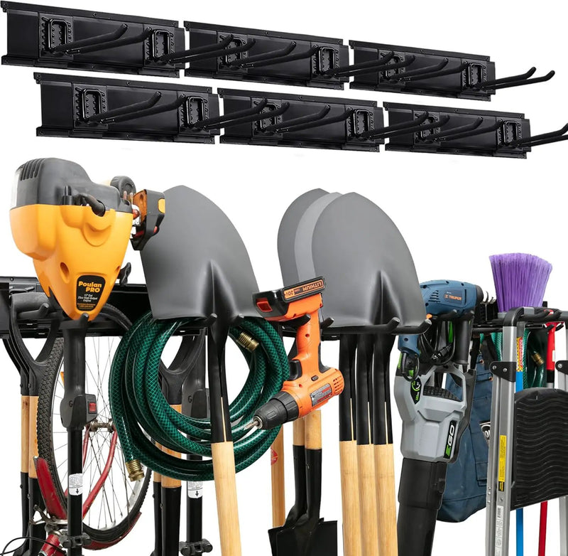 Garage Tool Organizer Wall Mount - 96 inches - Sturdy Storage Rack with Adjustable Hooks, Anti-Rust - Easy Installation, 600lbs Capacity - Garden Tool Organizer (06 Racks & 12 Hooks) by GreenHaven Gardens