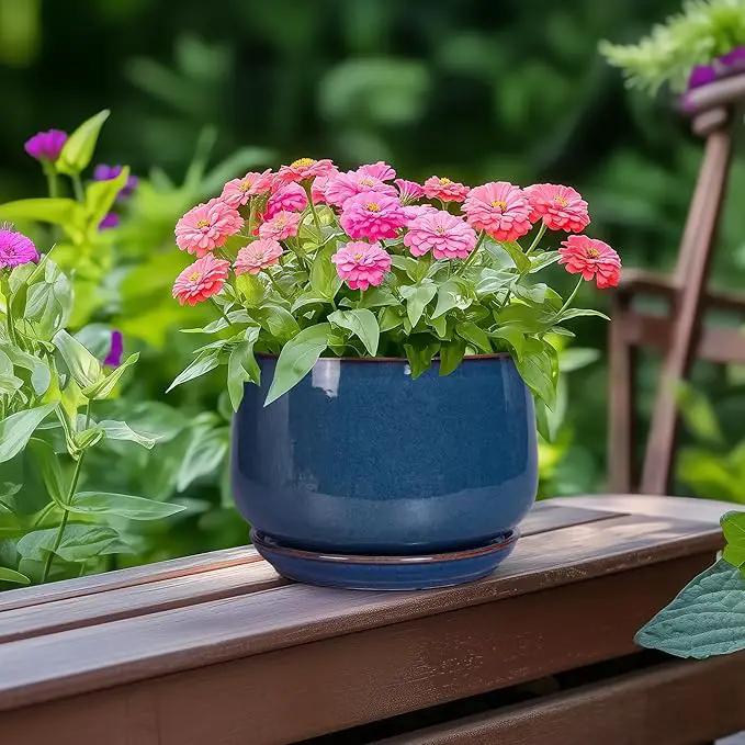G EPGardening Ceramic Planter 6 Inch - Round Modern Ceramic Pot for Plants with Drainage and Plant Tray Indoor for Flower, Apartment Decor, Housewarming Gifts New Home, Retro Blue by GreenHaven Gardens