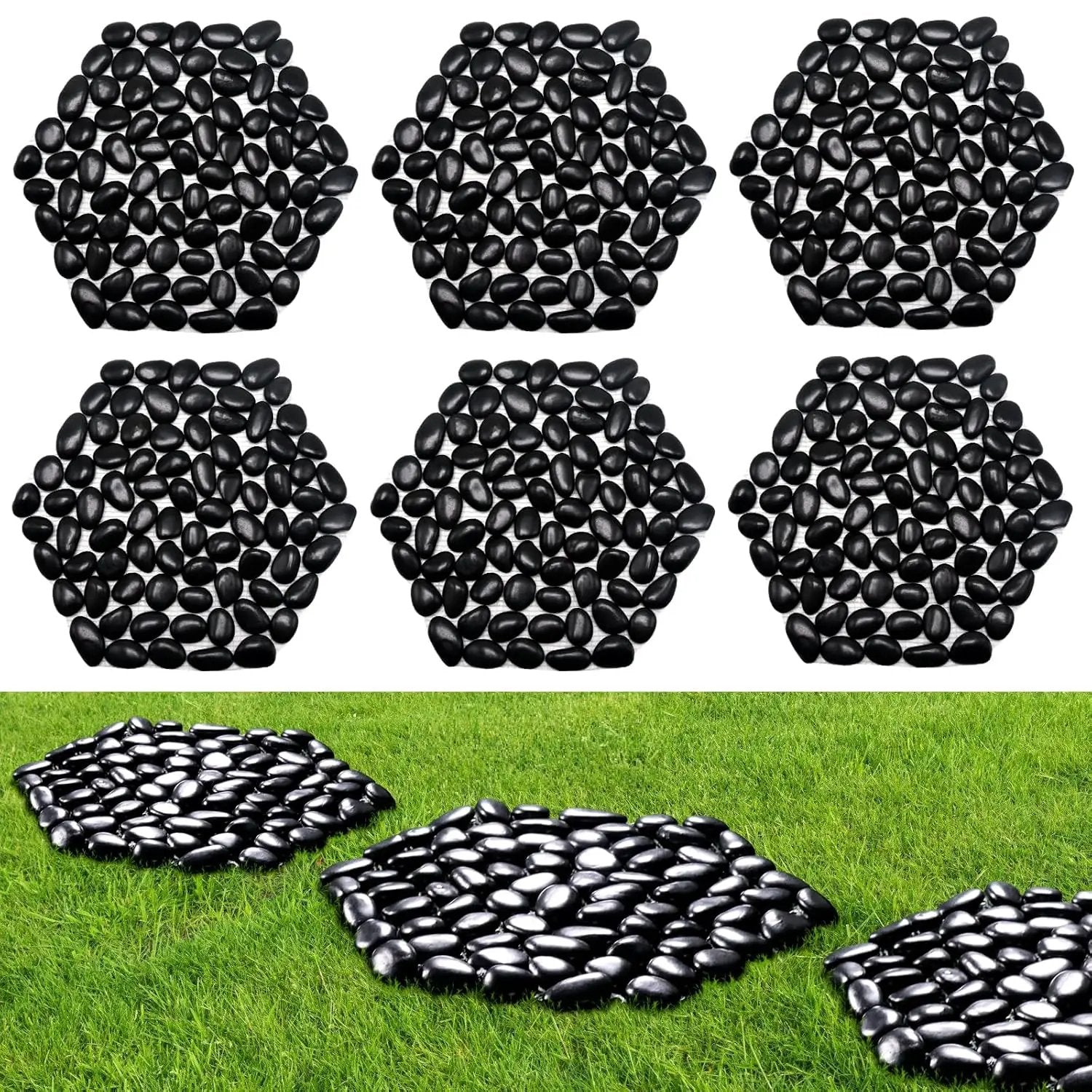 10in River Rock Stepping Stones Set - 6 Pack | Polished Pebble | Long-Lasting PVC Mesh Backing | Perfect for Garden Paths and Lawns Outdoor Landscaping Decoration | Black Rhombus by GreenHaven Gardens