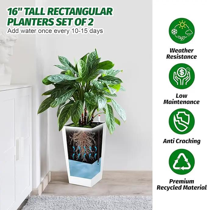 16" Tall Planters Set of 2, Outdoor＆Indoor Black Planter Pots, High Front Porch Planter Pots with Drainage Holes＆Water Level Monitor＆Inner Bucket, Automatic Watering,White by GreenHaven Gardens