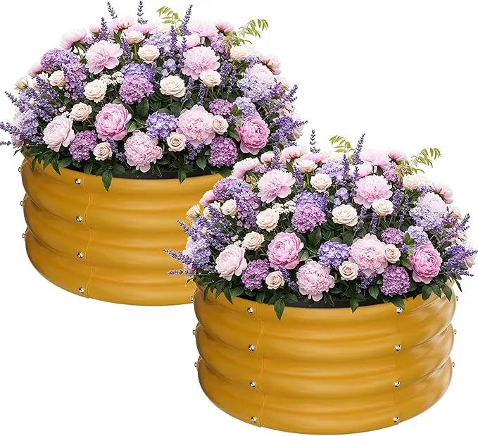 ZXZYHFTY Round Galvanized Raised Garden Bed kit,Yellow Outdoor Garden Raised Planter Box, Round Large Metal Raised Garden Beds for Vegetable 2 * 2 * 1ft 2 Pcs by GreenHaven Gardens