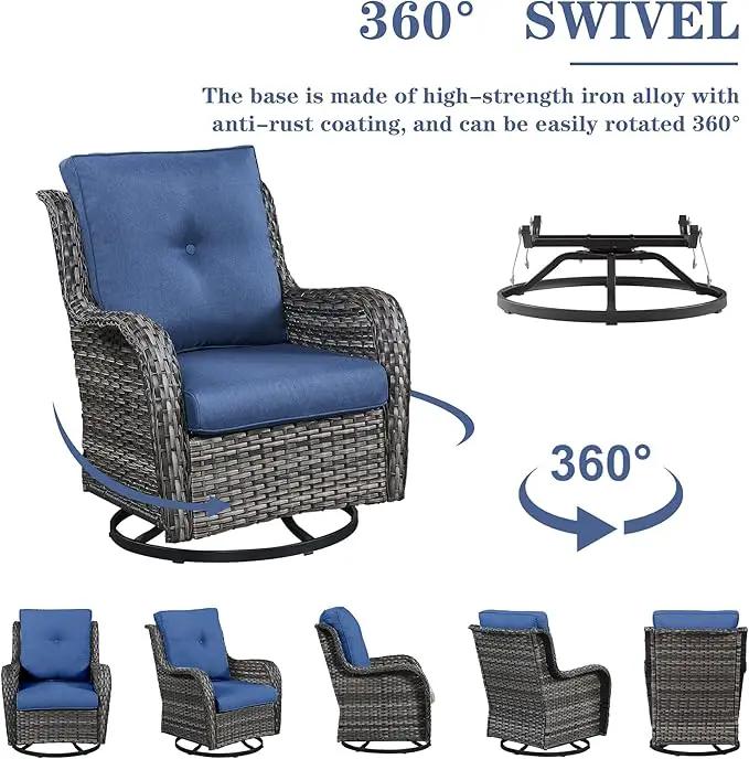 5 Piece Outdoor Patio Furniture Set - Wicker Furniture Patio Conversation Set, Outdoor Swivel Rocker Chairs with 3-Seater Sofa and 2 Ottomans for Small Space, Blue Cushion by GreenHaven Gardens