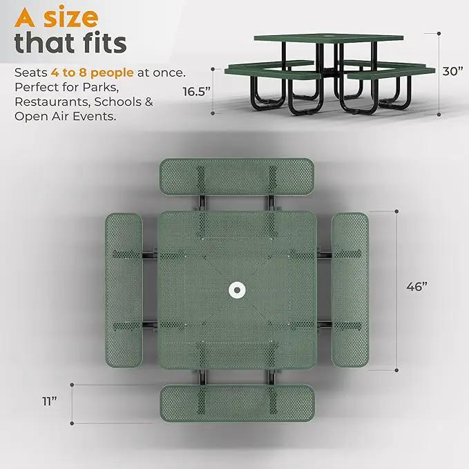 Metal Picnic Tables for Outdoors with Umbrella Hole - Coated Steel Heavy Duty Commercial Grade Table with Adjustable Seats (Green, 46 in, Square, Punched Steel) by GreenHaven Gardens