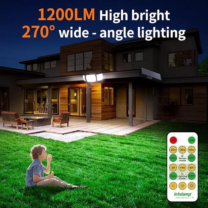 intelamp Solar Flood Lights Outdoor Waterproof, 2 Pack 6000mAh 1200LM Solar Powered Dual Motion Sensor LED Lighting Dusk to Dawn Security Floodlight Exterior with Remote 9.8ft Cable for Garden House by GreenHaven Gardens