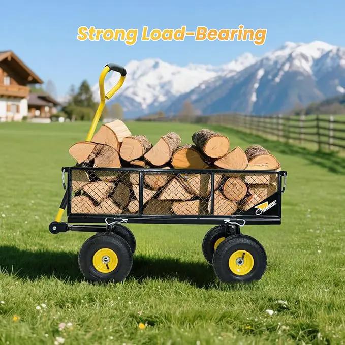 900 lbs Steel Garden Cart, Heavy Duty Yard Utility Wagon with 10" Pneumatic Tires, Removable Mesh Sides and 180° Rotating Anti-Slip Handle by GreenHaven Gardens