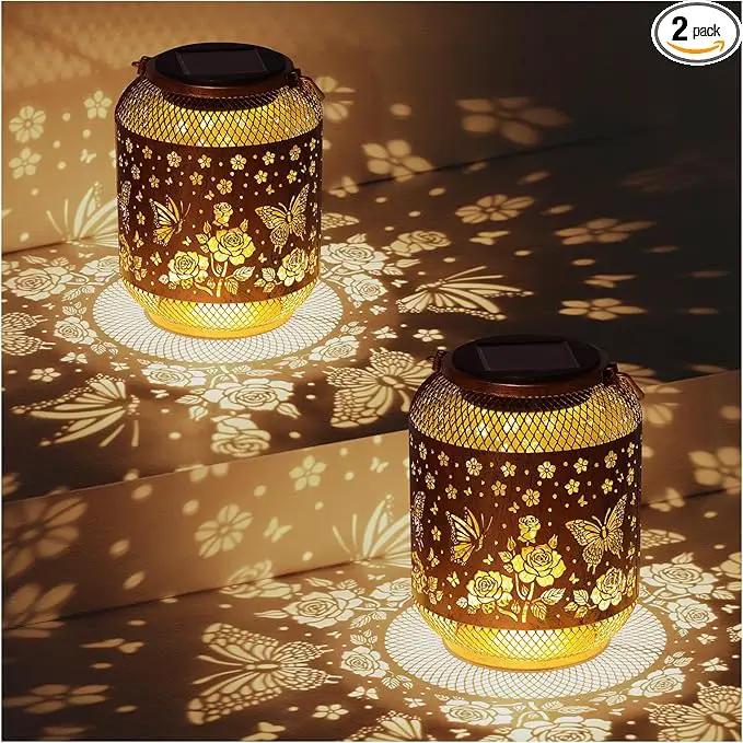 2 Pack Butterfly Solar Lanterns Outdoor Waterproof Rose Garden Decor Gifts for Women Mom Grandma Hanging Solar Lights Metal Lantern Decoration Outside for Yard, Patio, Backyard, Porch by GreenHaven Gardens