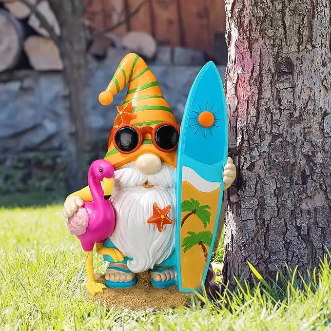 Funny Solar Gnomes Garden Decor Surfer Gnome Figurine with Flamingo Summer Beach Gnomes Solar Light Outdoor Funny Lawn Statue for Patio, Lawn, Yard, Porch,holiday Women Gift,9.1 Inch Tall by GreenHaven Gardens