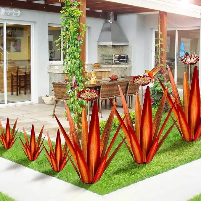 Large Tequila Rustic Sculpture, Rustic Metal Agave Plants for Outdoor Patio Yard, Home Decor Hand Painted Metal Agave Garden Yard Statue, Outdoor Lawn Ornaments (Red - L (W/Bird Feeder)) by GreenHaven Gardens