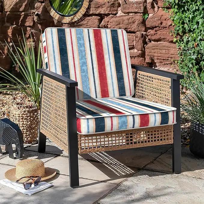LVTXIII Patio Chair Cushions 22"x22"x3", Water-Repellent Outdoor Seat Cushions for Patio Furniture, Square Chair Pads with Ties for Home Garden Decoration, Set of 2, Stripe Red Blue by GreenHaven Gardens