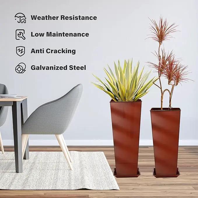 KOL 25'' & 28'' Tall Galvanized Steel Metal Glazed Planter with Insert, Set of 2, Metal Planter Pots for Indoor & Outdoor Use, Decorative Flower Plant Pots for Front Porch, Patio, Deck - Brown by GreenHaven Gardens