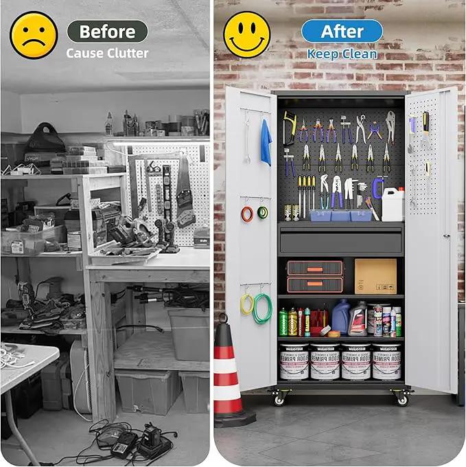Metal Garage Cabinet with Wheels,71''H Rolling Lockable Steel Tool Storage Cabinet with Pegboard &1 Drawer for Garage,Home,Office,Black Gray, Assembly Required by GreenHaven Gardens