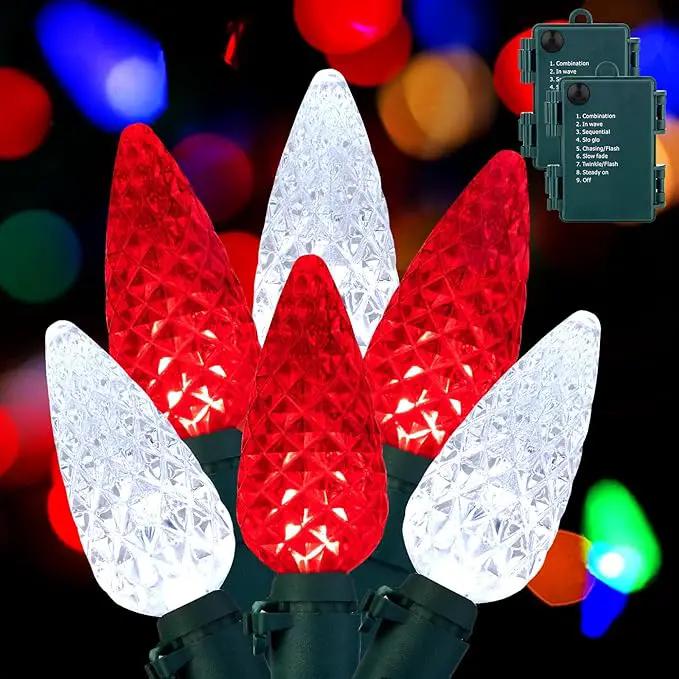 Brightown C6 LED Christmas String Lights - 2 Pack Each 20ft 60LED Battery Operated Strawberry String Lights with Timer and 8 Light Modes for Christmas Trees Wreaths, Indoor Xmas Decor, Red and White by GreenHaven Gardens