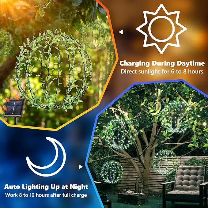 Solar Powered Hanging Iron Sphere Lights with Artificial Greenery – 12Inch 120 LED Waterproof Outdoor Decor Ball Light with Timer & 8 Modes – 2 Pack for Garden, Christmas, Weddings (Cool White) by GreenHaven Gardens
