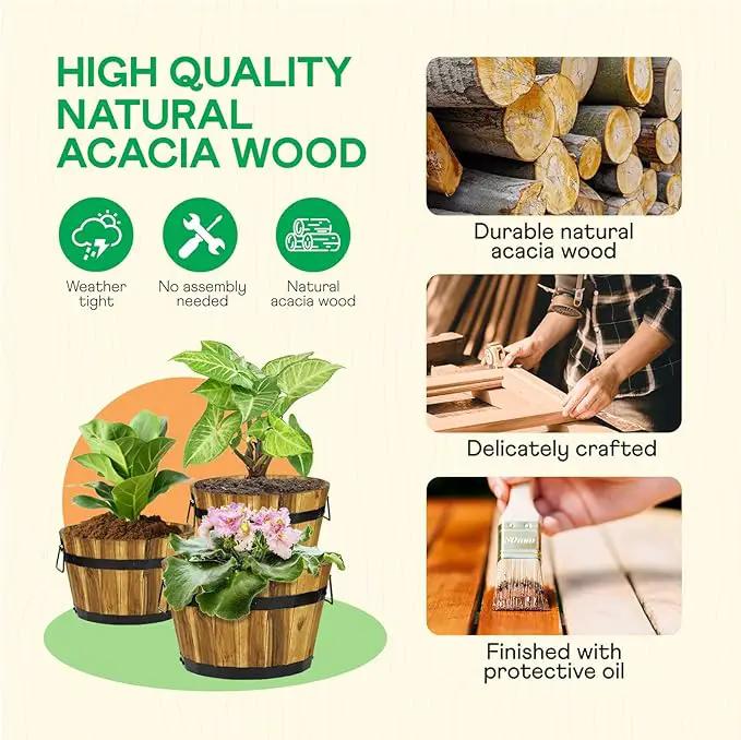 IDZO Set of 3 Wooden Flower Planters for Outdoor Plants, Acacia Wood Barrel Planters, Ergonomic Handles, Drainage Holes, Various Sizes, Golden Teak by GreenHaven Gardens
