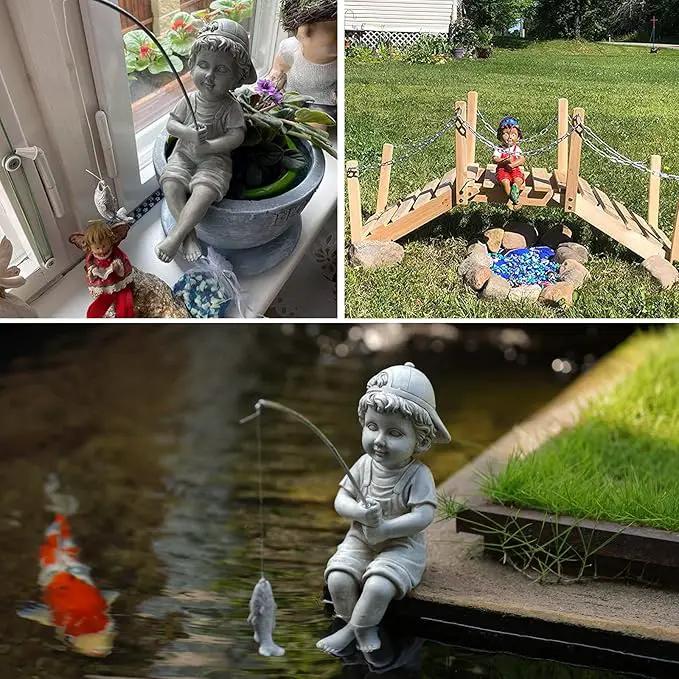 Goodeco Fisherboy Statue Garden Decor - 11" Little Fishing Guy for Koi Pond or Waterfalls, Poolside Statue with Glow in Dark Pebbles Included, Great Gifts for Mom, Women or Birthdays, Gift Ideas by GreenHaven Gardens