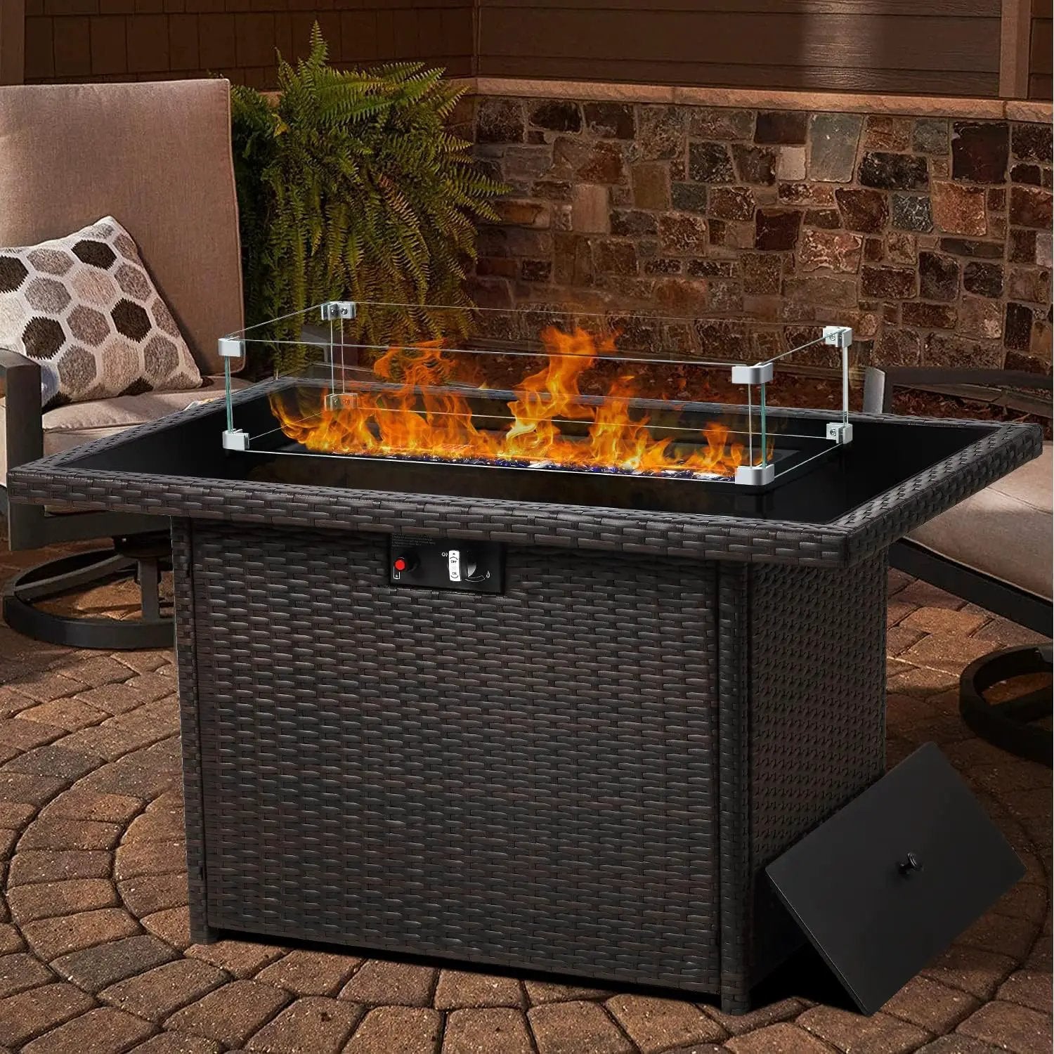 LayinSun 44" Propane Gas Fire Pit Table, 55000 BTU Rectangular Fire Pit with Glass Wind Guard for Outside Patio Deck Garden Backyard by GreenHaven Gardens