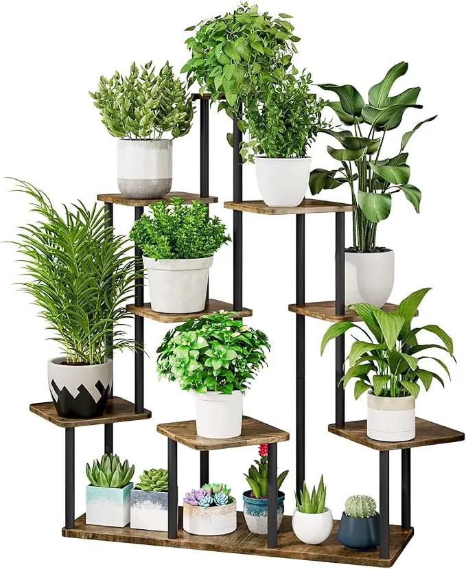 AZERPIAN Plant Stand 9 Tier Indoor Metal Flower Shelf for Multiple Plants Corner Tall Flower Holders for Patio Garden Living Room Balcony Bedroom, Black+Rustic Brown by GreenHaven Gardens