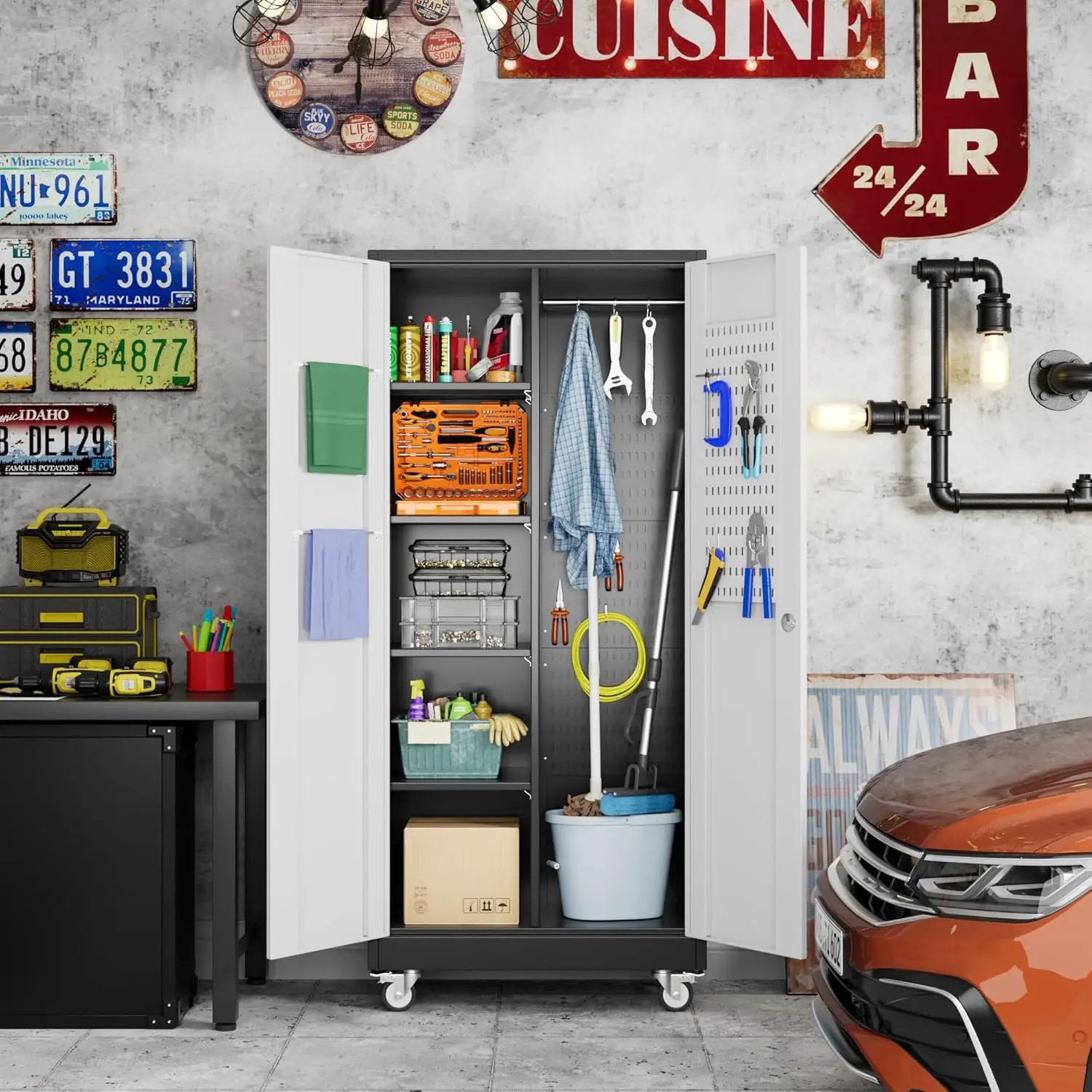 Broom Closet Storage Cabinet with Hanging Rod, 71" H Metal Garage Storage Cabinet with Wheels and 4 Adjustable Shelves, Locking Broom Closet with 13 Hooks for Garage, Bathroom, Home by GreenHaven Gardens