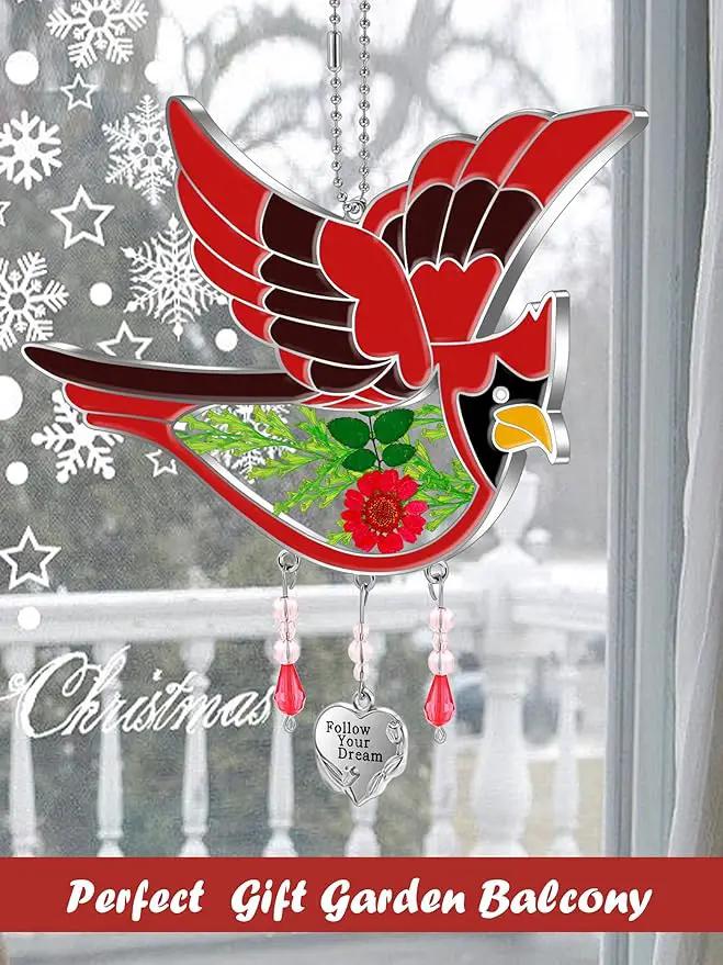 KY&BOSAM Follow Your Dream Cardinal Suncatcher Glass Panels Suncatchers Pressed Real Flower Wings in Glass Suncatchers Birthday Mother`s Day Ornament for Windows with Heart Charm by GreenHaven Gardens