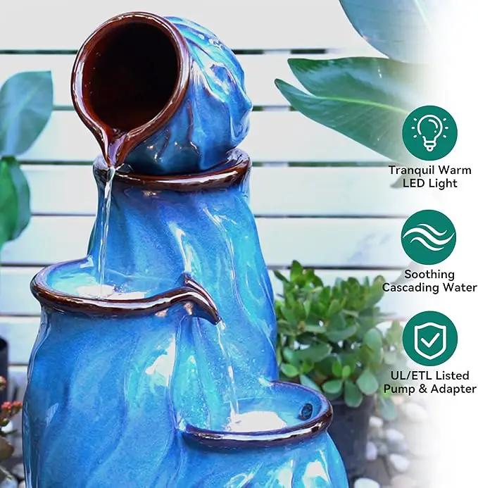 29" Tall Ceramic Outdoor Water Fountain with LED Lights, 4-Tier Cascading Jars Water Feature, Tranquil Waterfall for Relaxing Garden, Patio, Yard, or Porch, Turquoise, Dynamic Wave-Texture by GreenHaven Gardens