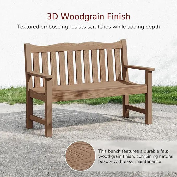Outdoor Bench, 2-Person Poly Lumber Garden Bench, All-Weather Outside Bench with 800 lbs Weight Capacity, Never Rot or Fade, Looks Like Real Wood, Teak by GreenHaven Gardens