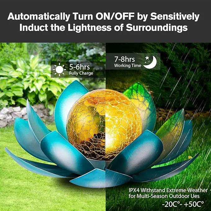 Huaxu Solar Light Outdoor Garden Decor Blue Metal Crackle Globe Glass Waterproof LED Lotus Flower Table Lamp Decorations for Patio Yard Porch Pathway Ground by GreenHaven Gardens
