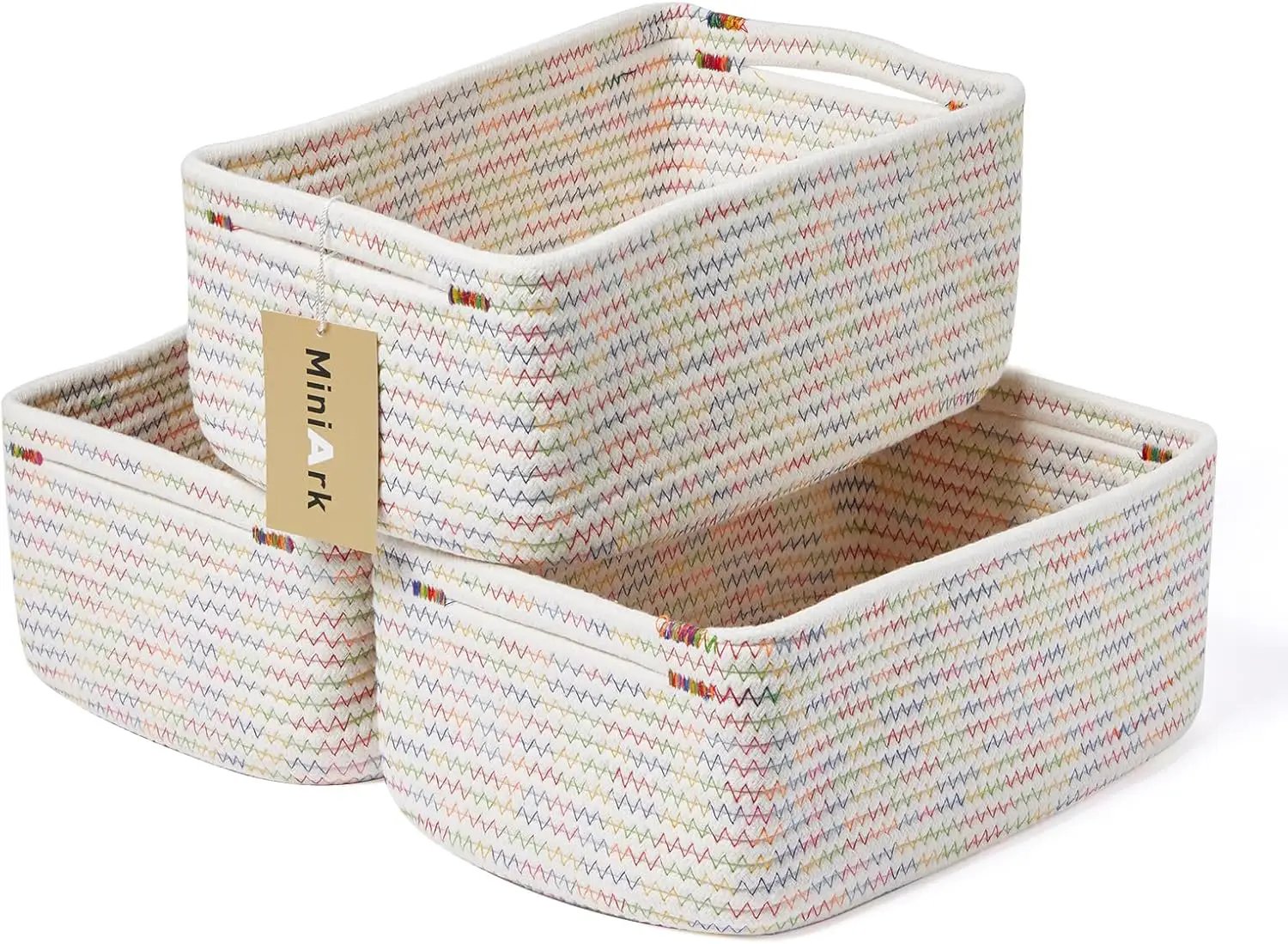 Small Storage Baskets for Organizing | Closet Organizer Bins | Shelf Toy Basket | Woven Rope Baskets | Cube Decorative Box | Shallow Basket | 13x8.5x5.1” | 3 Packs Rainbow by GreenHaven Gardens