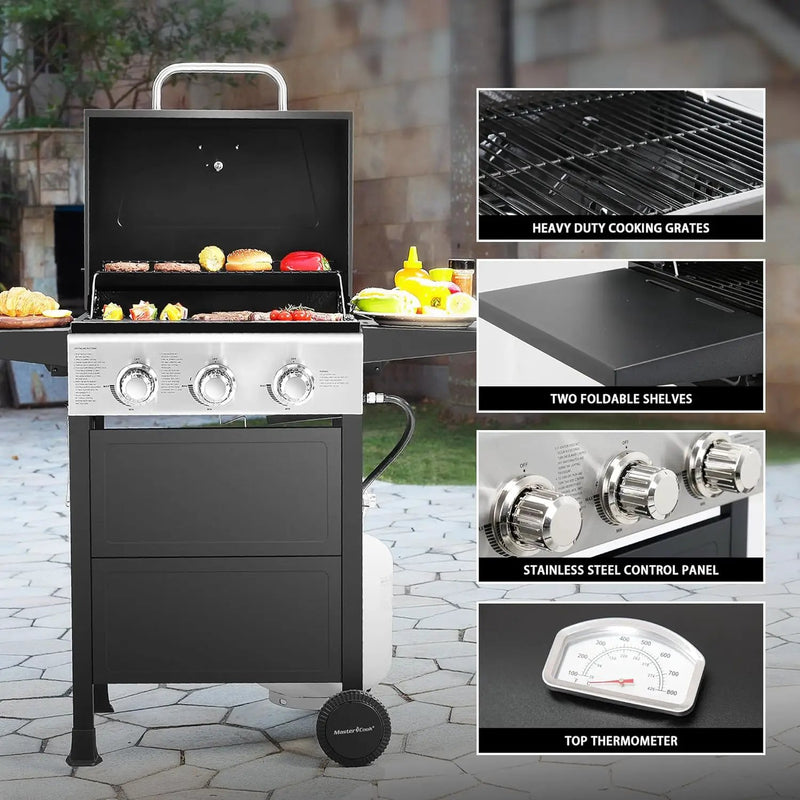 MASTER COOK 3 Burner BBQ Propane Gas Grill, Stainless Steel 30,000 BTU Patio Garden Barbecue Grill with Two Foldable Shelves by GreenHaven Gardens