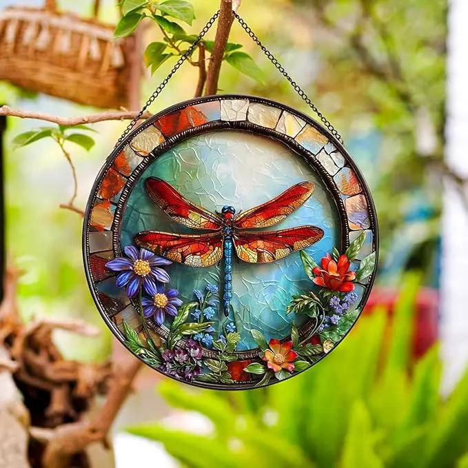 Dragonfly and Flower Suncatcher Stained Glass,Hanging Stained Glass Suncatcher for Windows,20cm/7.87inch Hand-Painted Sun Catcher Garden Hangings Halloween Fall Christmas Decor for Home by GreenHaven Gardens