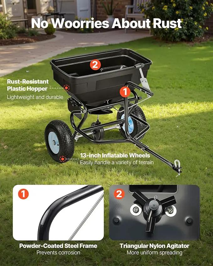 VEVOR Tow Behind Broadcast Spreader, 130LBS Capacity, Tow-Behind Lawn Spreader with 13 in Tires, 30 Adjustable Setting & 9.8 ft Spreading Width, Lawn Spreaders for Seed, Fertilizer, Salt, Ice Melt by GreenHaven Gardens