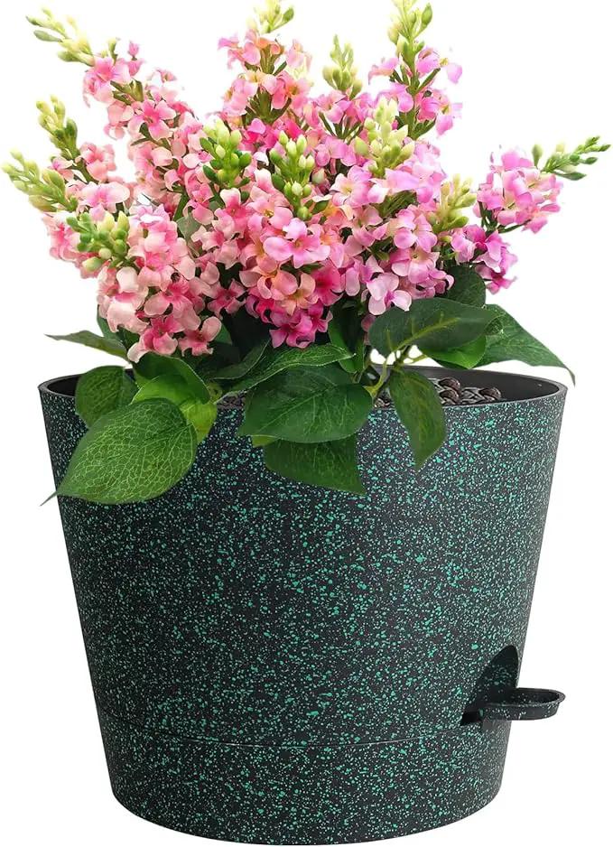 12 inch Large Self Watering Pots for Indoor Outdoor Plants, Flower Plant Pots with Mesh Drainage Holes for Garden, Plastic Planters with Reservoir for Home Plants, Black with Green Speckles by GreenHaven Gardens