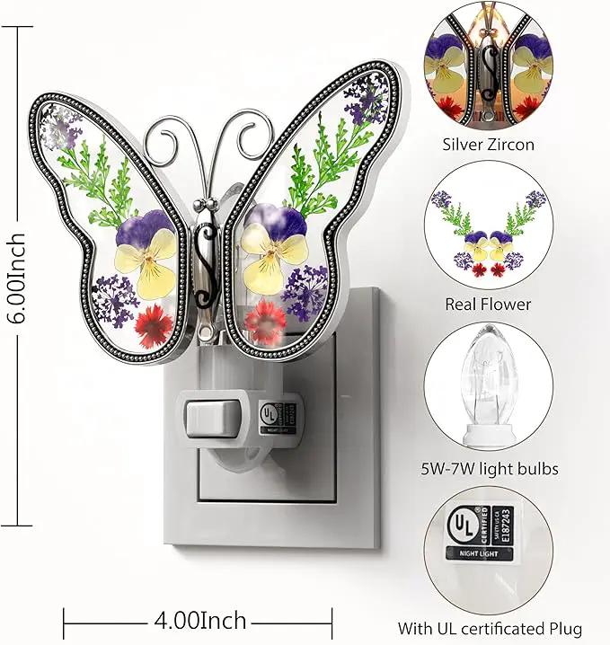 KY&BOSAM Butterfly Night Light Plug into Wall Night Lights Real Flower Glass and Metal Nightlights for Hallway Nursery Bedroom Bathroom Kids Room Kitchen Stairway Accent Elegant Themed Home Decoration by GreenHaven Gardens