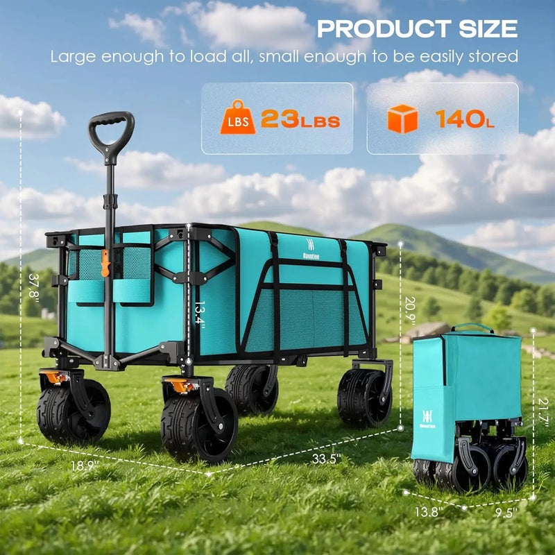 Navatiee Big Wheels Collapsible Wagon Cart Foldable, Heavy Duty Beach Wagon with Silent All-Terrain Wheels, Folding Utility Grocery Cart with Side Pocket and Brakes for Camping Garden Sports, Blue by GreenHaven Gardens