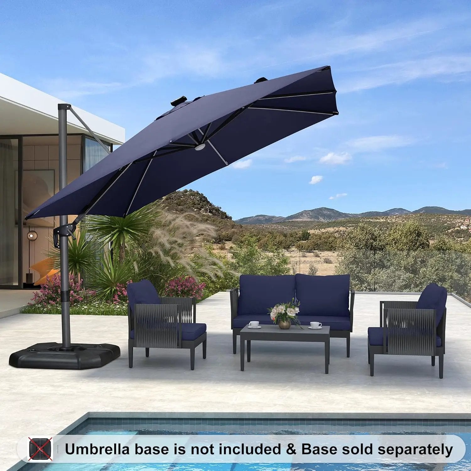 PURPLE LEAF 10 Feet Patio Umbrella Solar Powered LED Square Outdoor Cantilever Umbrella with LED Lights Aluminum Offset Umbrella with 360-degree Rotation for Garden Deck Pool Patio Navy Blue by GreenHaven Gardens
